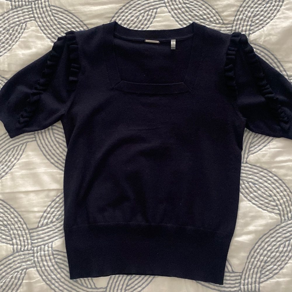 Elie Tahari Square Neck Knit Top with Ruffle Sleeve Detail